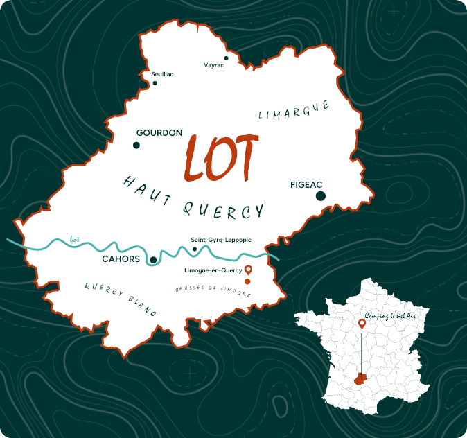 Map showing the location of Le Bel Air campsite in the Lot