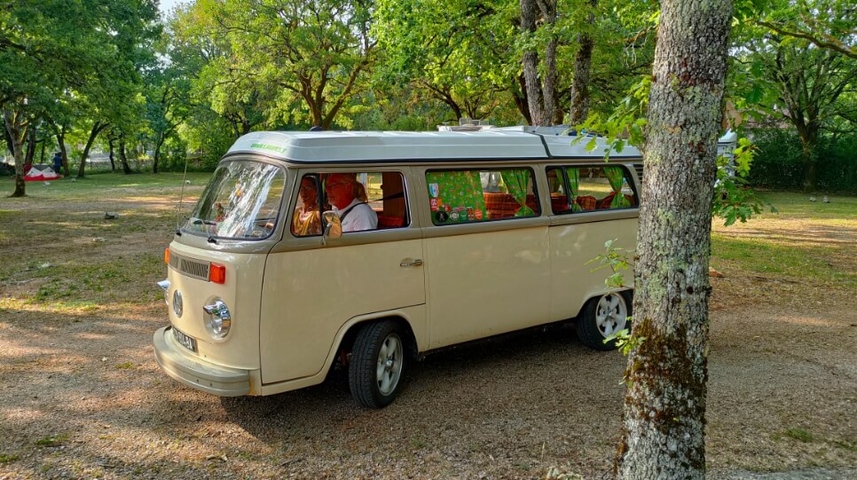 Volkswagen Combi, motorhome pitch at Le Bel Air campsite in the Lot