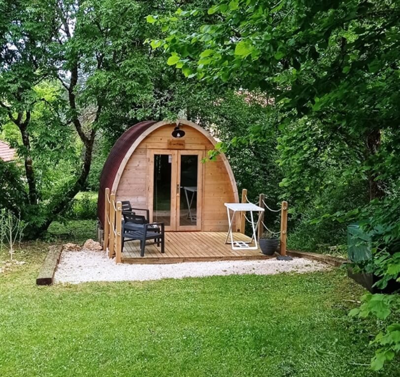Exterior view of the wooden Pod, a unique accommodation option in the Lot, available to rent at Le Bel Air campsite in the Lot