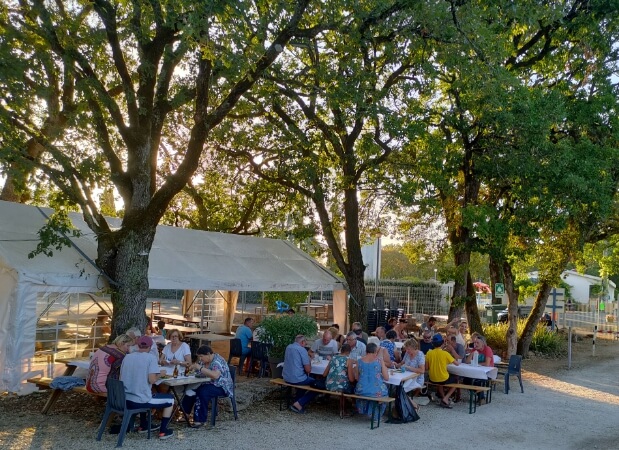 A meal at the snack bar at Le Bel Air campsite in the Lot
